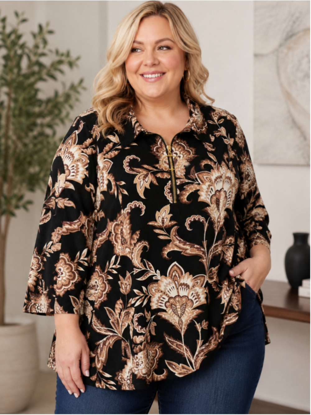 Stella & Ginger Floral Black Beige Zip Neck Blouse Women’s Plus Size 3X